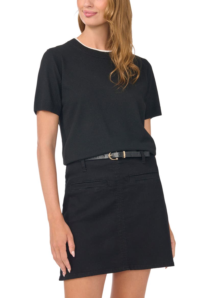 Contrast Detail Short Sleeve Sweater, Main, color, RICH BLACK