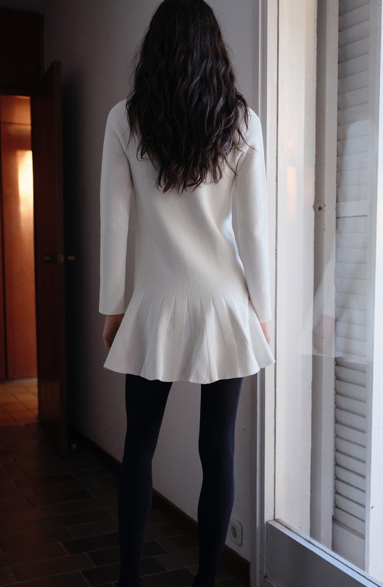 MANGO Ottom Pleated Long Sleeve Stretch Rib Minidress, Alternate, color, Ecru