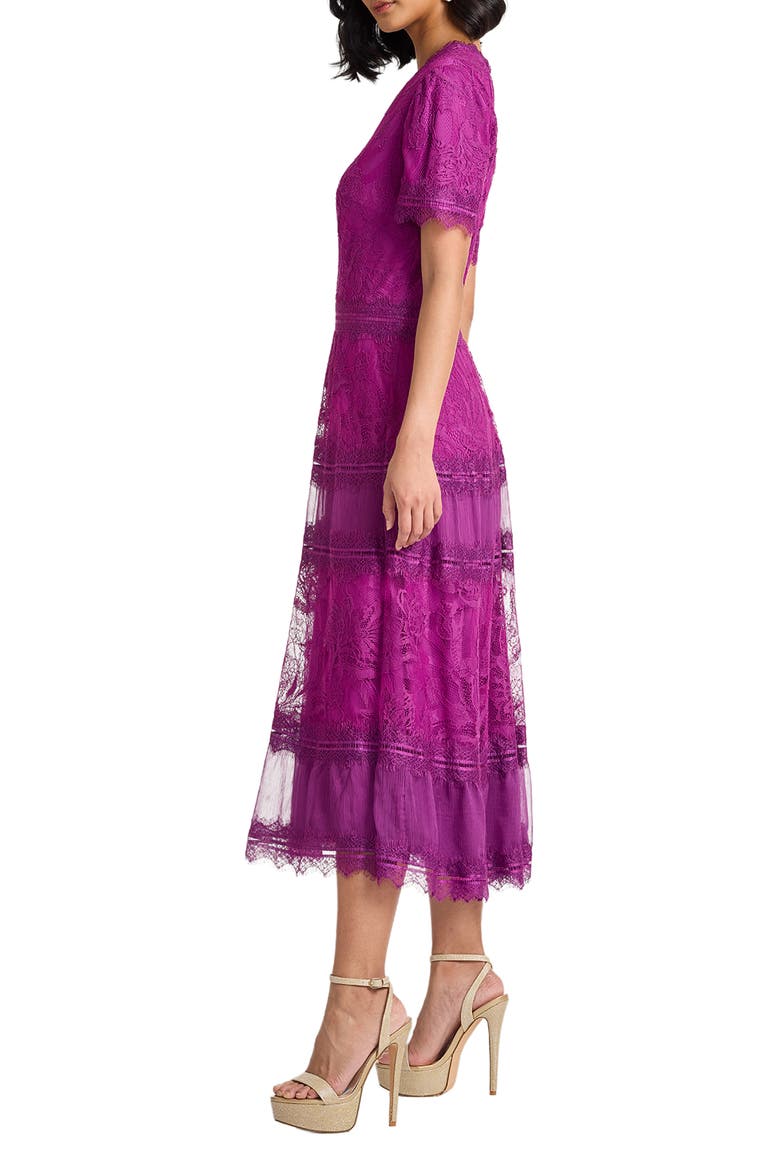 Lace & Mesh Midi Cocktail Dress, Alternate, color, MAGENTA