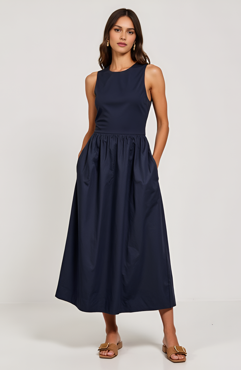 Sleeveless Crewneck Midi Dress with Gathered Waist and Pockets