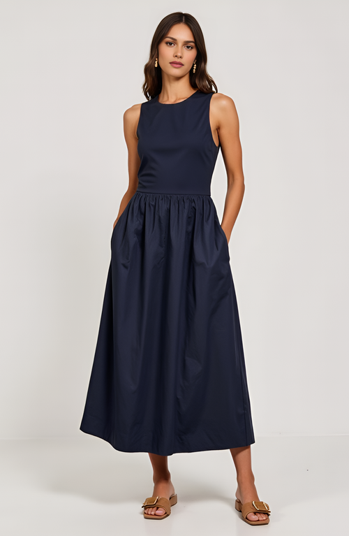 Modenaire Sleeveless Crewneck Midi Dress With Gathered Waist And Pockets In Navy Blue