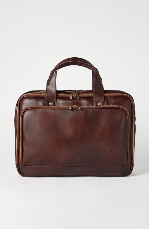Brunello Cucinelli Calfskin Zipped Briefcase In Brown
