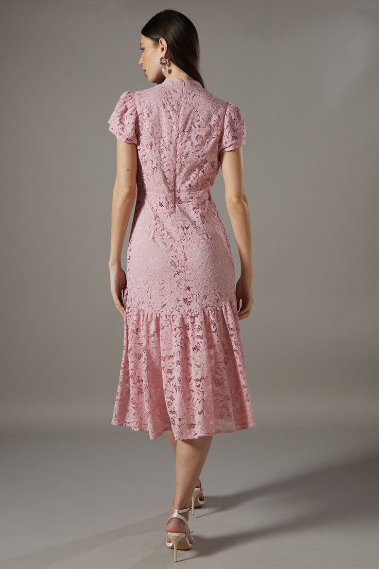 Lace Frill Sleeve High Neck Midi Dress, Alternate, color, Blush