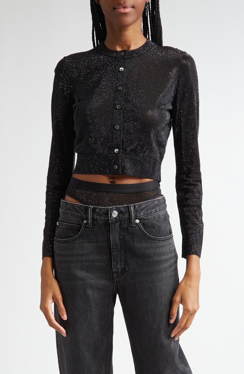 Alexander Wang Crystal Hotfix Crop Cardigan, Main, color, 001 Black