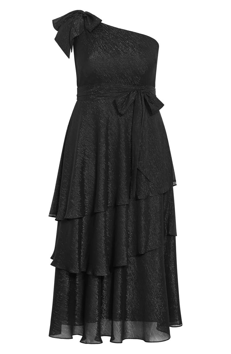 City Chic Metallic One-Shoulder Tiered Dress, Alternate, color, Black/ Silver