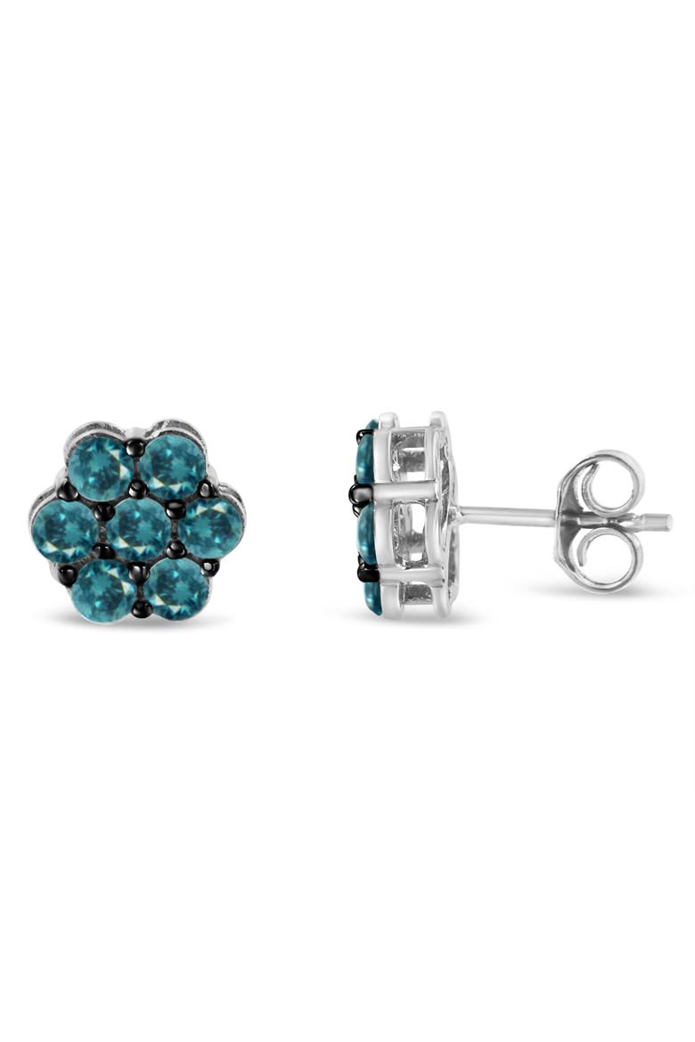 Silver 1.0 Cttw Blue Diamond Floral Stud Earrings, Alternate, color, White