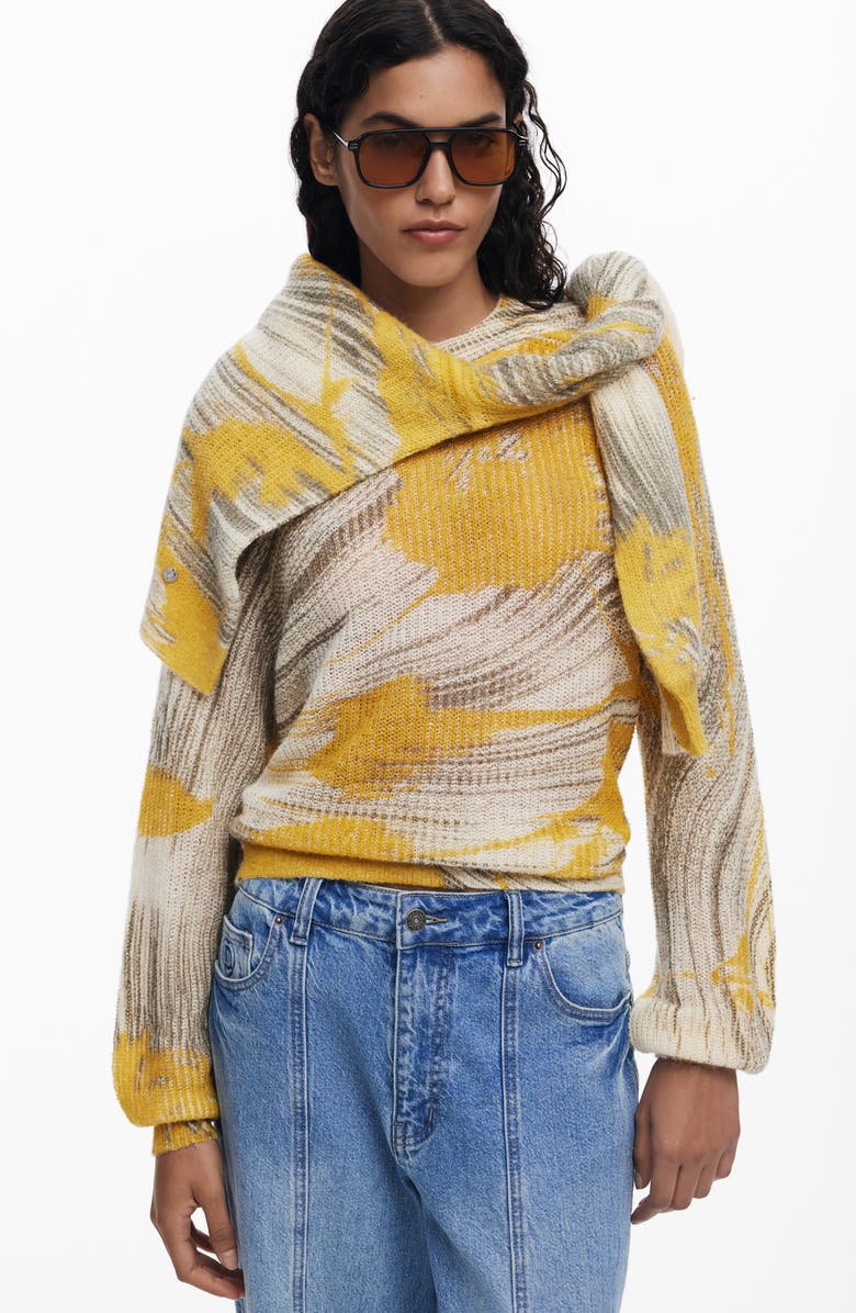 Desigual Abstract Print Crewneck Sweater, Alternate, color, Yellow
