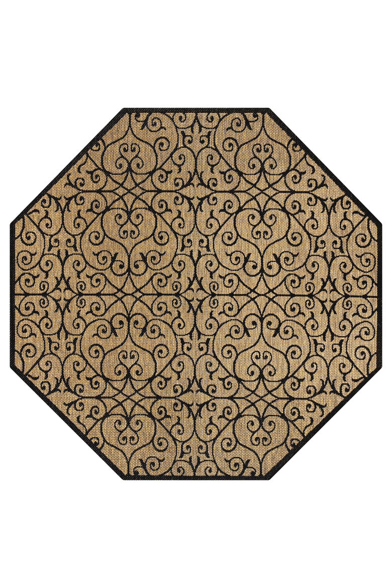Madrid Vintage Filigree Textured Weave Octagon Indoor/Outdoor Area Rug, Main, color, Black/Khaki