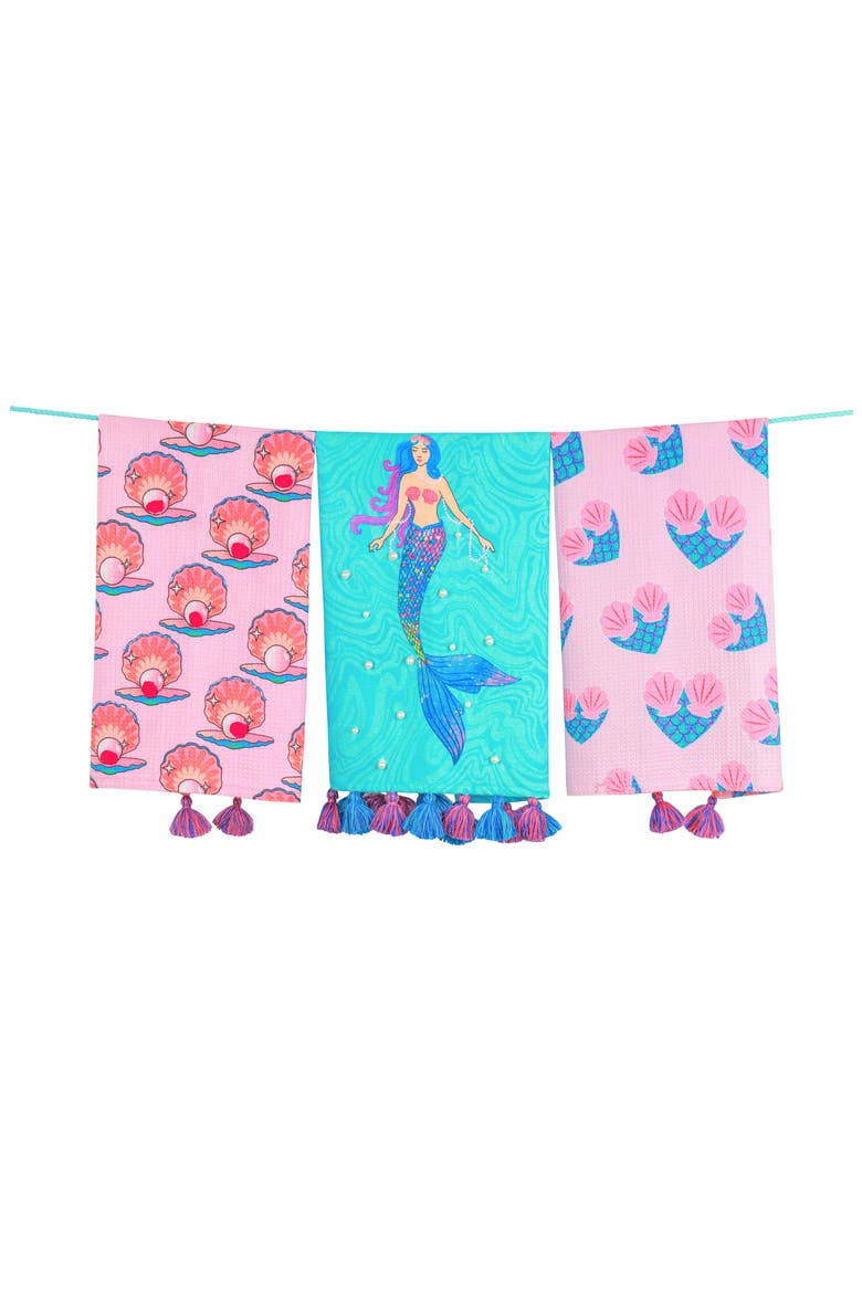 The Mermaid Cove Set of 3 Kitchen Towels, Main, color, BLUE/ PINK