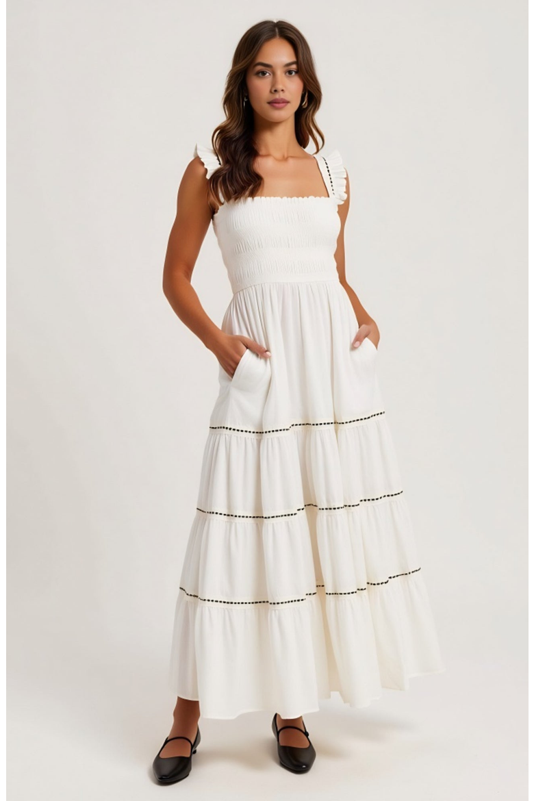 Tiered Maxi Dress with Smocked Bodice, Main, color, White