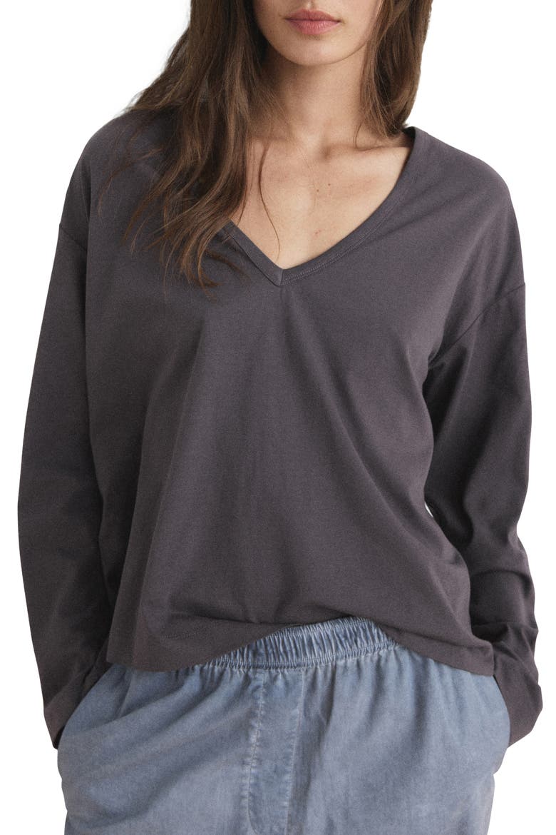 Long Sleeve Cotton V-Neck Pajama Top, Main, color, CHARCOAL