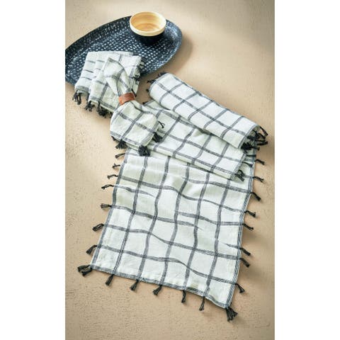 Black Check Tassel Table Runner Cotton Machine Washable Decor