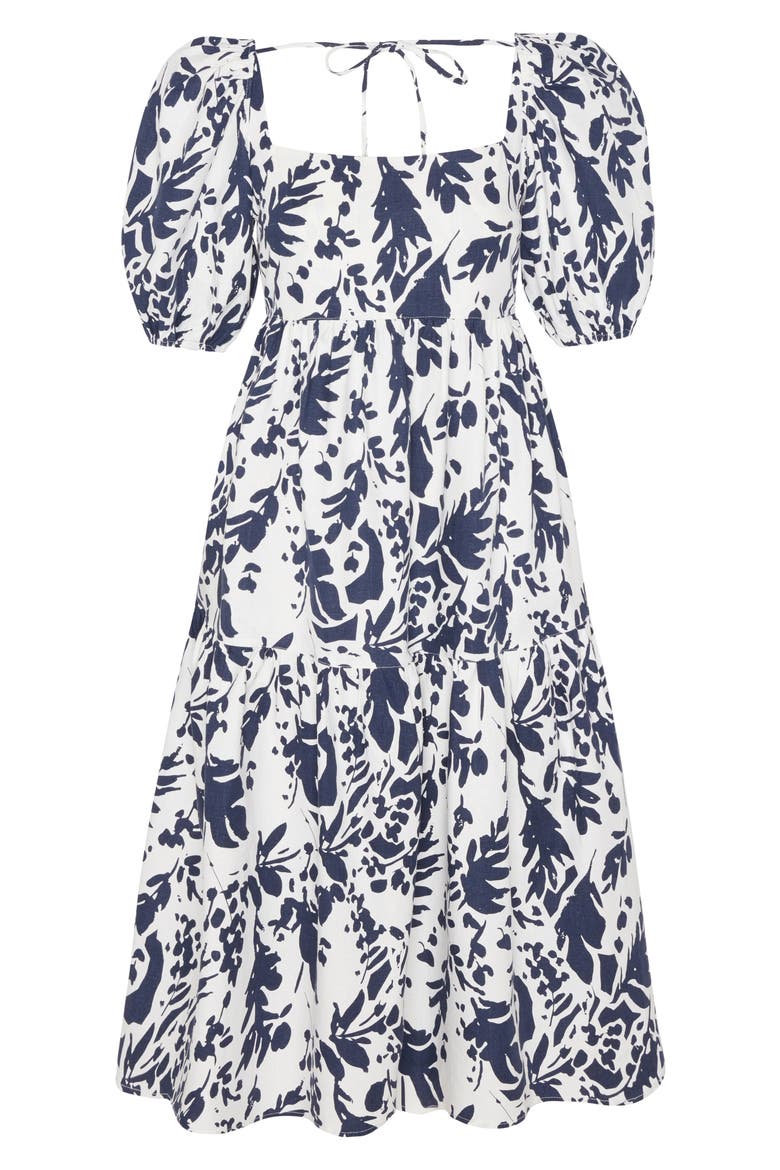 Margot Puff Sleeve Linen Blend Midi Dress, Alternate, color, INDIGO