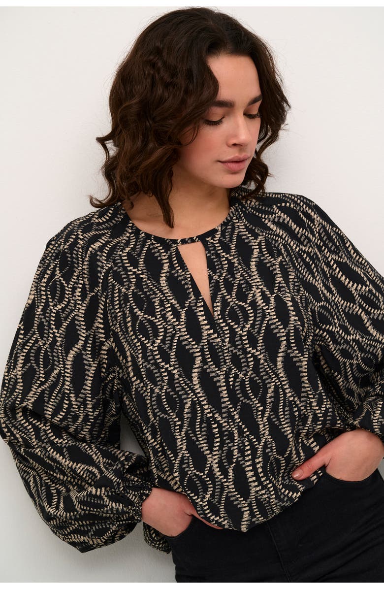 Kaffe Kadunora Cutout Neck Casual Fit Blouse, Alternate, color, Black/Grey Graphic
