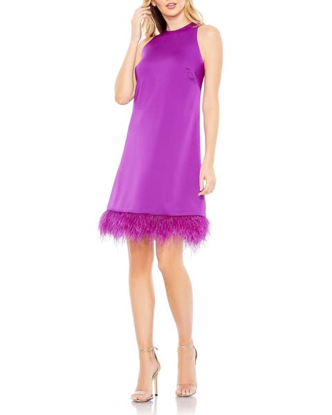 Feather Hem High Neck A-Line Dress