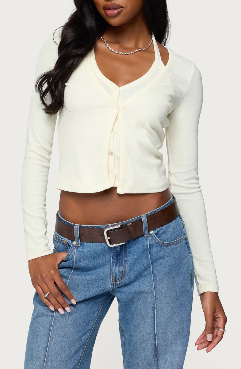 EDIKTED Halter Crop Top & Cardigan Set, Main, color,