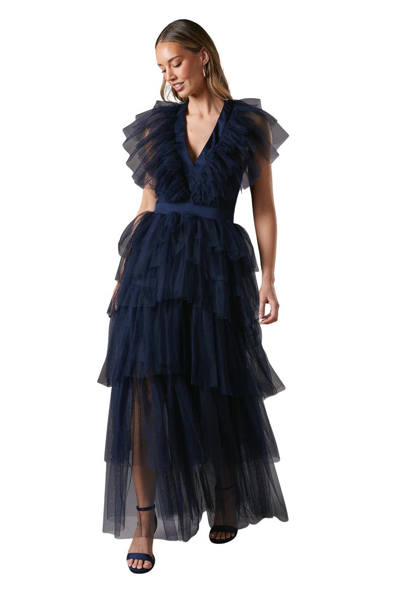Mesh V-Neck Halter Tiered Maxi Dress, Main, color, Navy