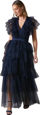 Coast Mesh V-Neck Halter Tiered Maxi Dress