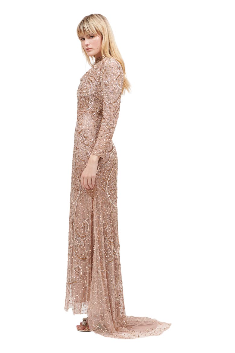 Modest Embellished Sequin Beaded Maxi Dress With Cowl Neck And Trail, Alternate, color, TAUPE BLUSH