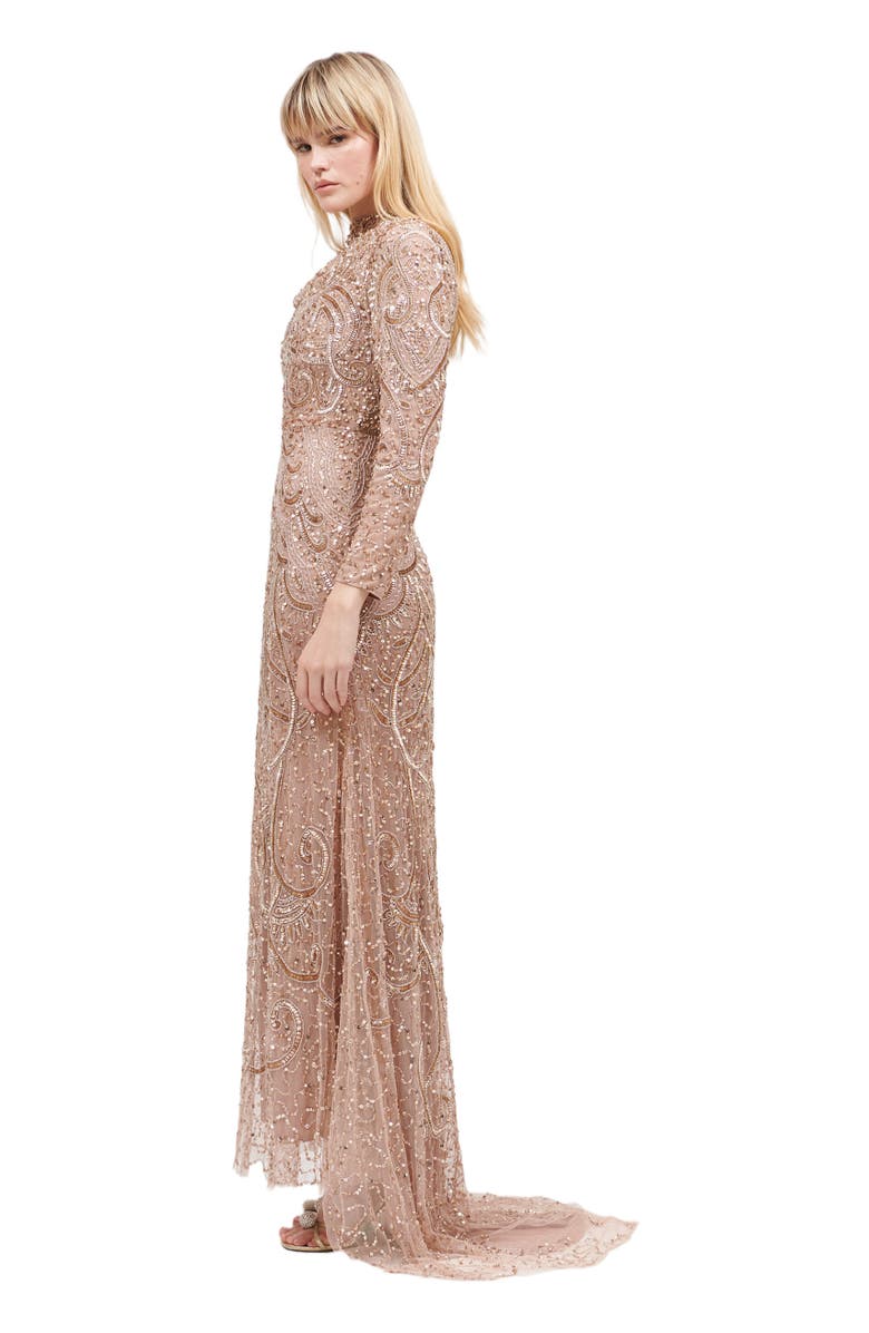 MARYISA Modest Embellished Sequin Beaded Maxi Dress With Cowl Neck And Trail, Alternate, color, Taupe Blush