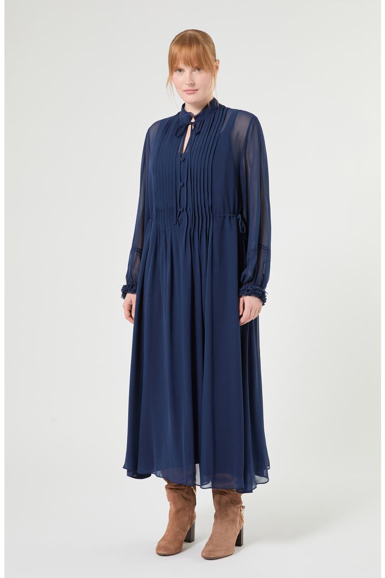 Long Sleeve Pintuck Pleat Silk Georgette Dress, Alternate, color, MIDNIGHT BLUE