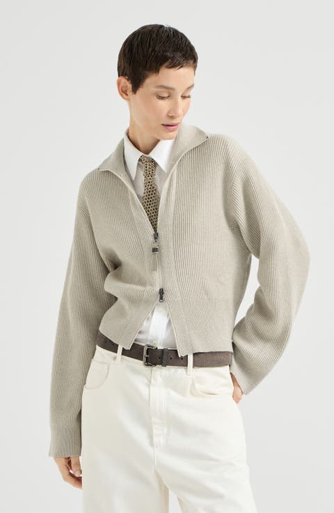 Sparkling cashmere English rib cardigan with shiny zipper pull
