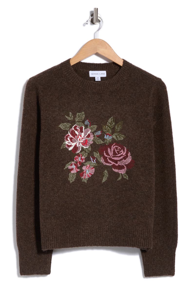 Floral Embroidered Crewneck Sweater, Alternate, color, BROWN