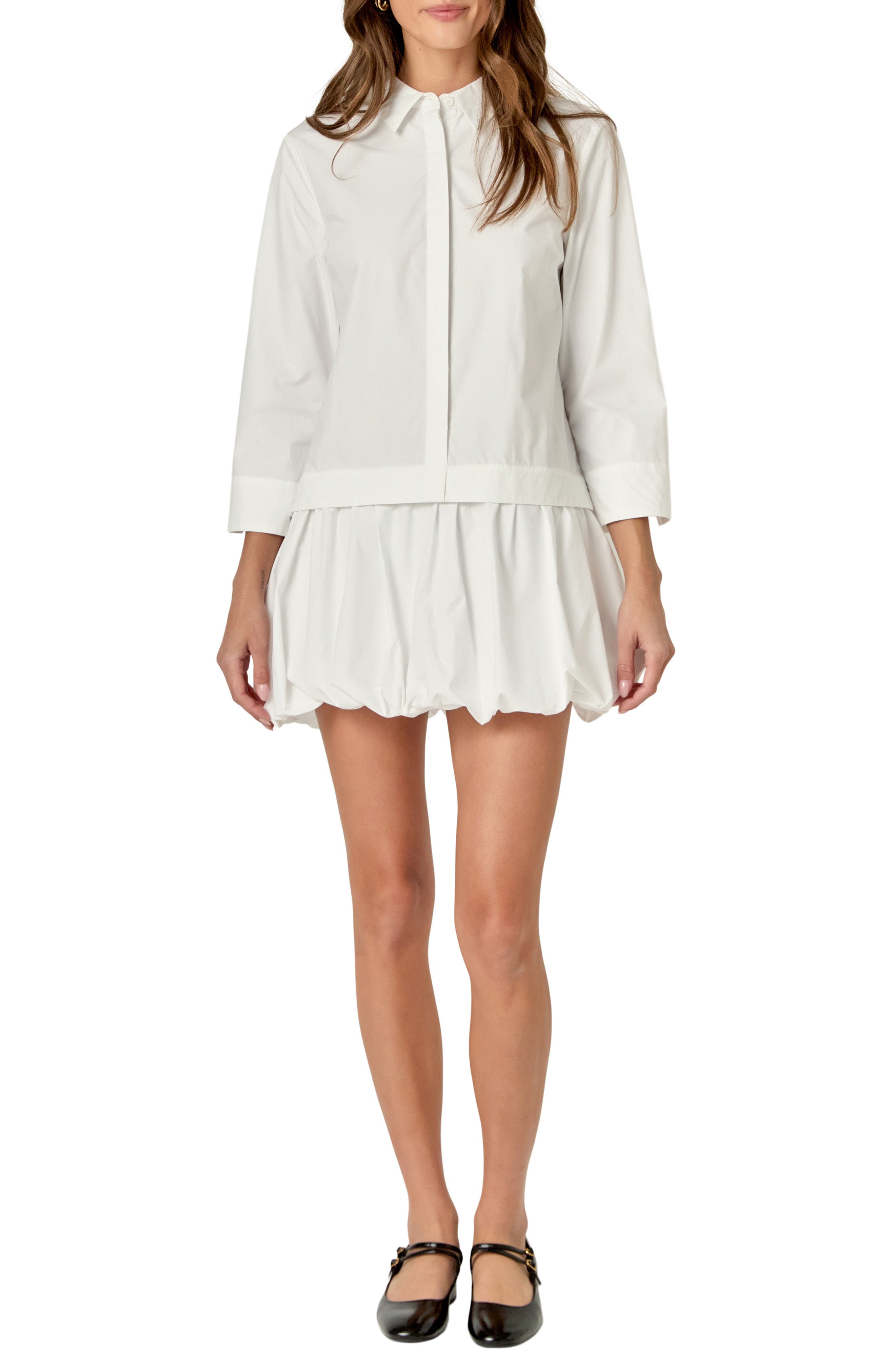 English Factory Bubble Hem Long Sleeve Cotton Shirtdress
