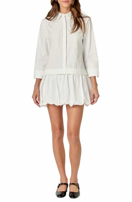 English Factory Bubble Hem Long Sleeve Cotton Shirtdress