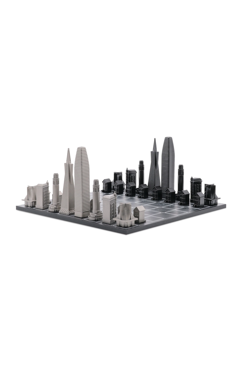 Chess Set Stainless Steel San Francisco with Wood Map Board, Main, color, Black
