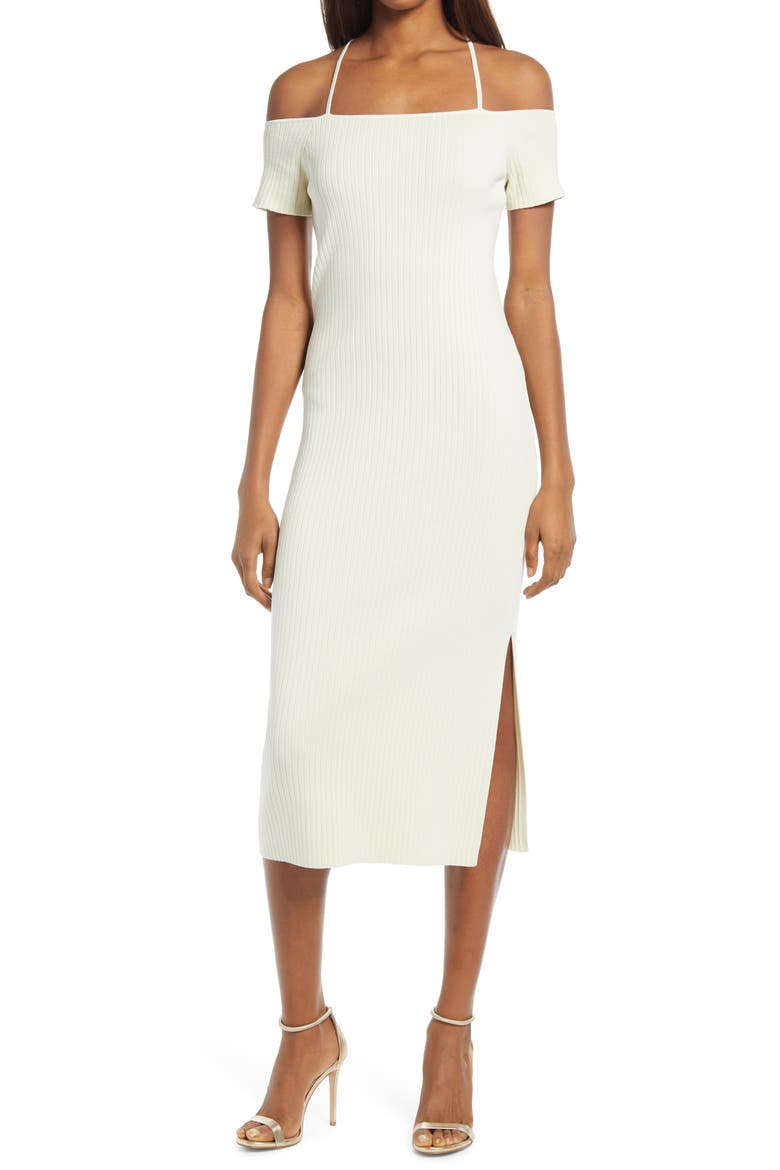 Deena Off the Shoulder Rib Knit Midi Dress, Main, color, ANTIQUE IVORY