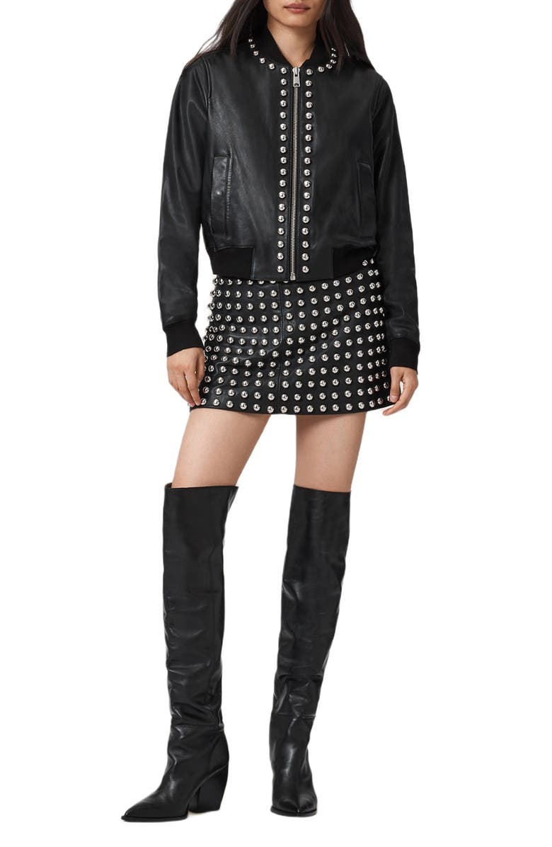 AllSaints Orten Wilder Studded Leather Bomber Jacket, Alternate, color, Black
