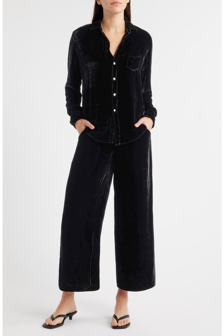 Tuscany Getaway Velvet Button-Up Shirt & Crop Wide Leg Pants Set, Main, color, BLACK