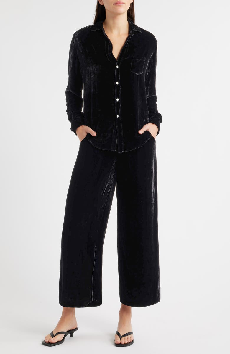 Frank & Eileen Tuscany Getaway Velvet Button-Up Shirt & Crop Wide Leg Pants Set, Main, color, Black