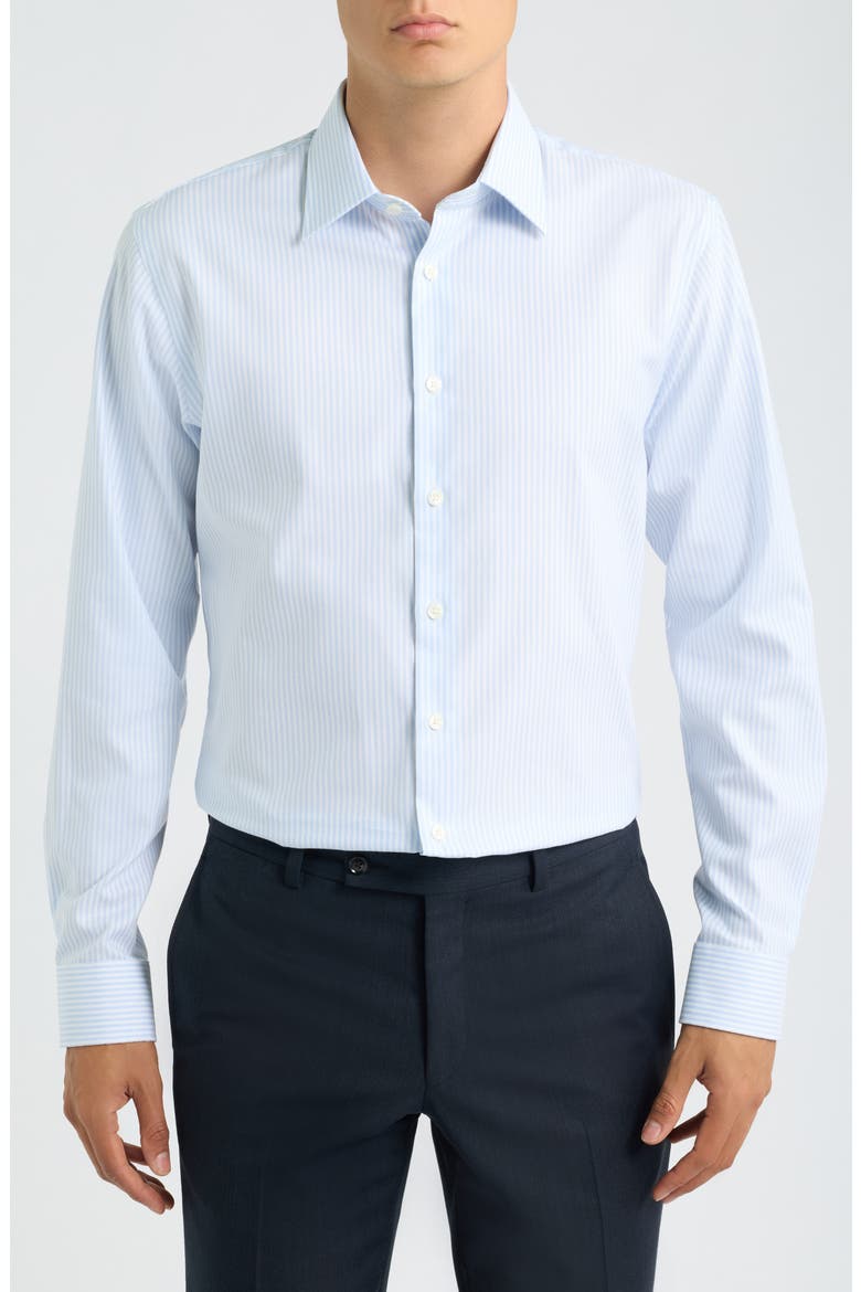 Trim Fit Pinstripe Premium Non-Iron Cotton Dress Shirt, Main, color, BLUE- WHITE ALFIE STRIPE