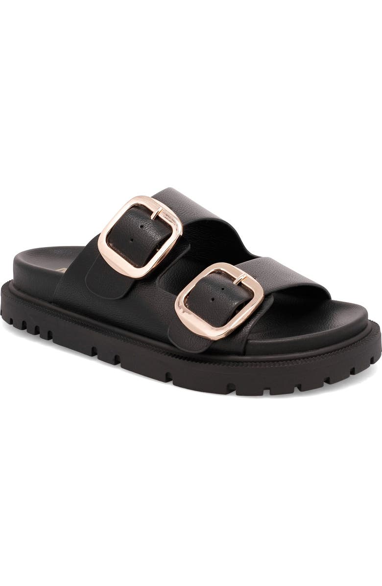 MIA Alttar Slide Sandal, Main, color, Black W/ Gld Buckles