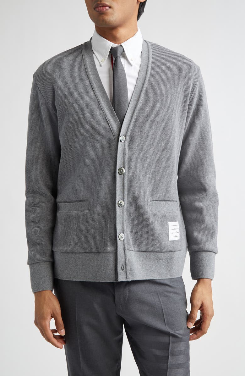 Thom Browne Waffle Knit V-Neck Cardigan, Main, color, Med Grey