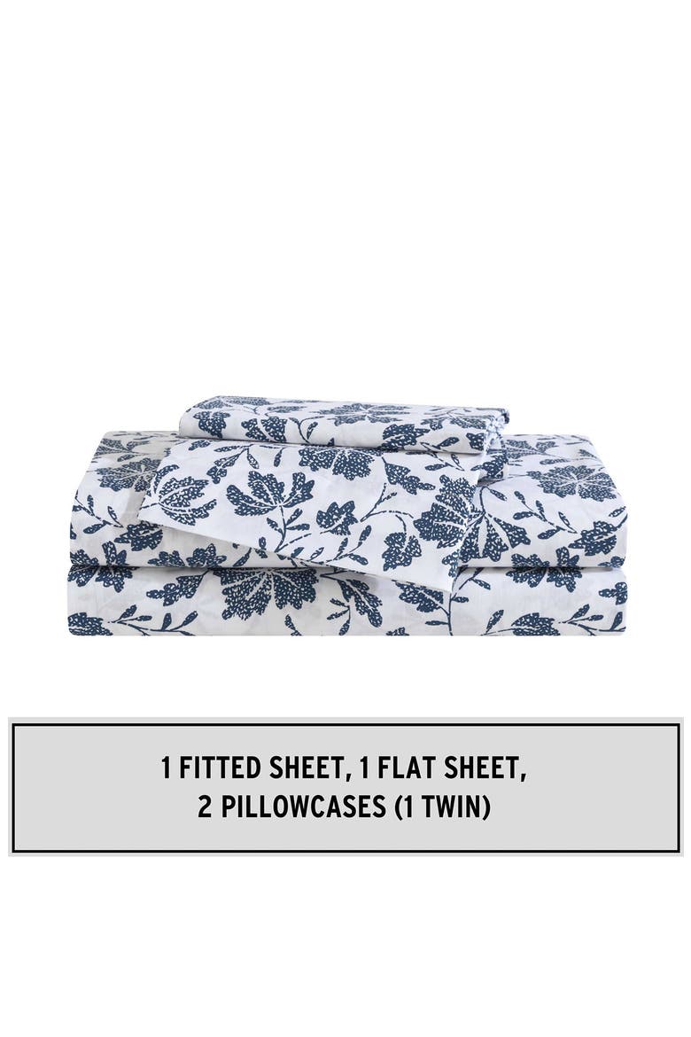 Woodblock Floral 200 Thread Count Cotton Percale Sheet Set, Alternate, color, WHITE/ BLUE