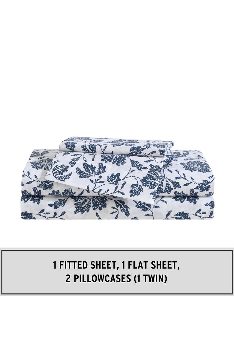 Eddie Bauer Woodblock Floral 200 Thread Count Cotton Percale Sheet Set, Alternate, color, White/ Blue