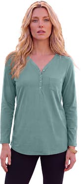 Roaman's Plus Size Long Sleeve Sweetheart Henley Tee