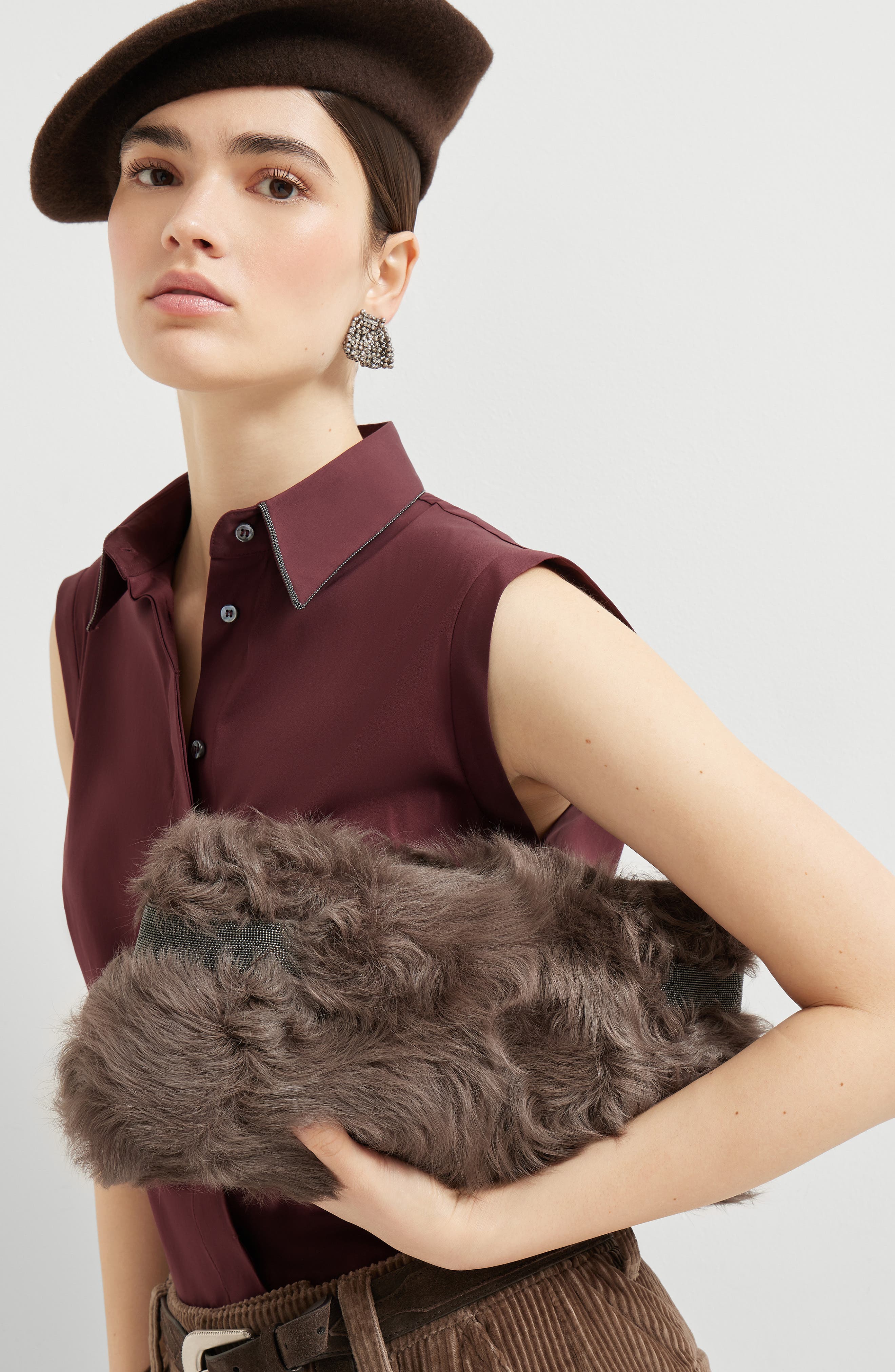 Brunello Cucinelli Wavy shearling essence pouch bag, Alternate, color, Rust Brown