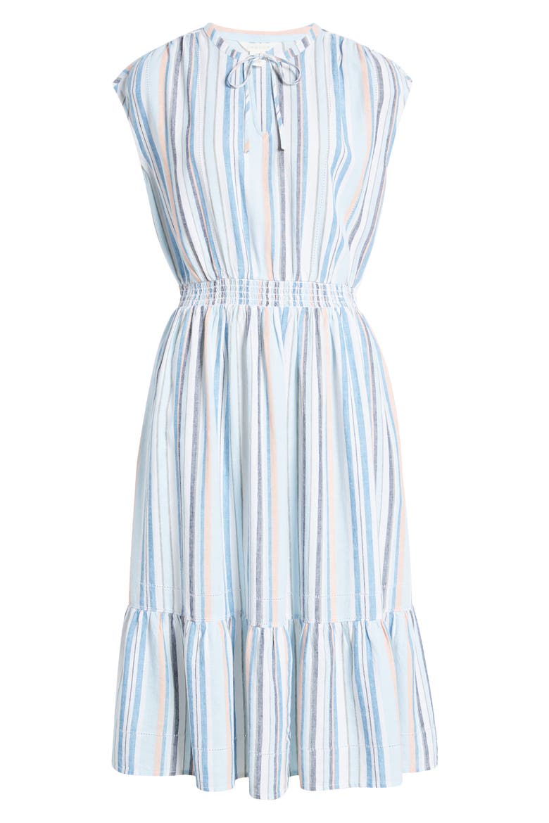 Stripe Tiered Linen Blend Midi Dress, Alternate, color, BLUE FALLS- WHITE STRIPE