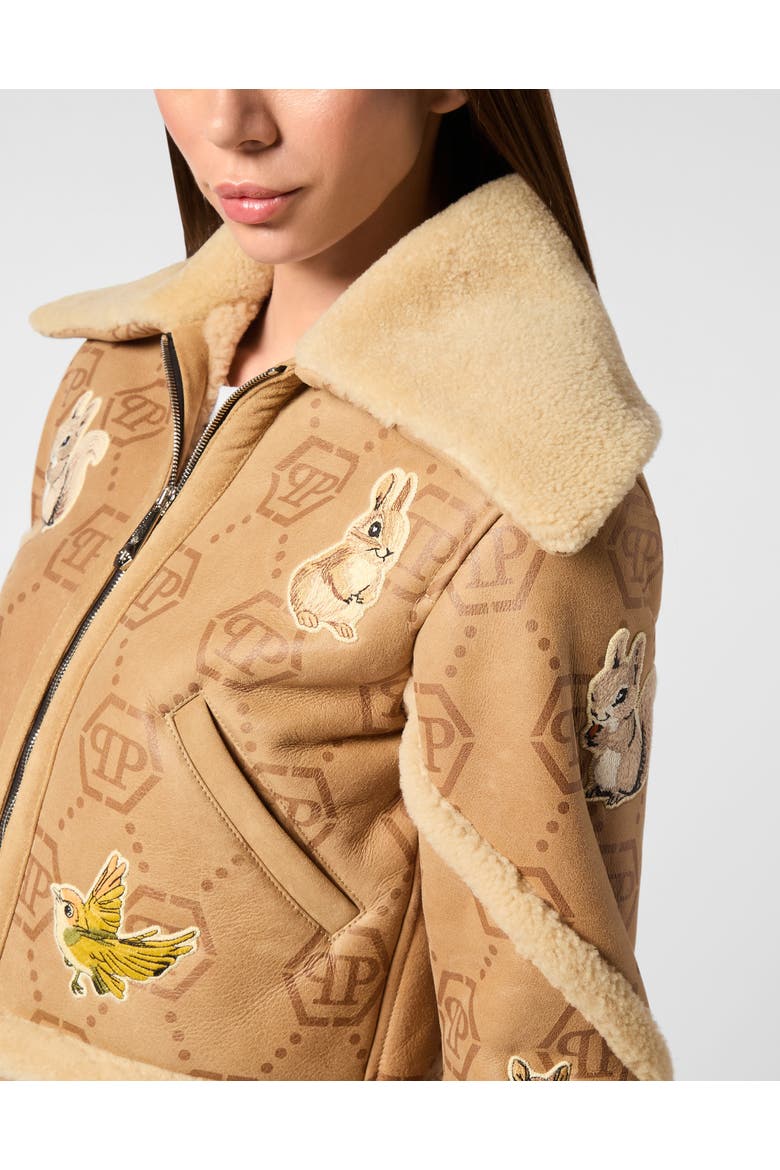 Cropped Embroidered Leather And Shearling Jacket Monogram Women, Alternate, color, beige
