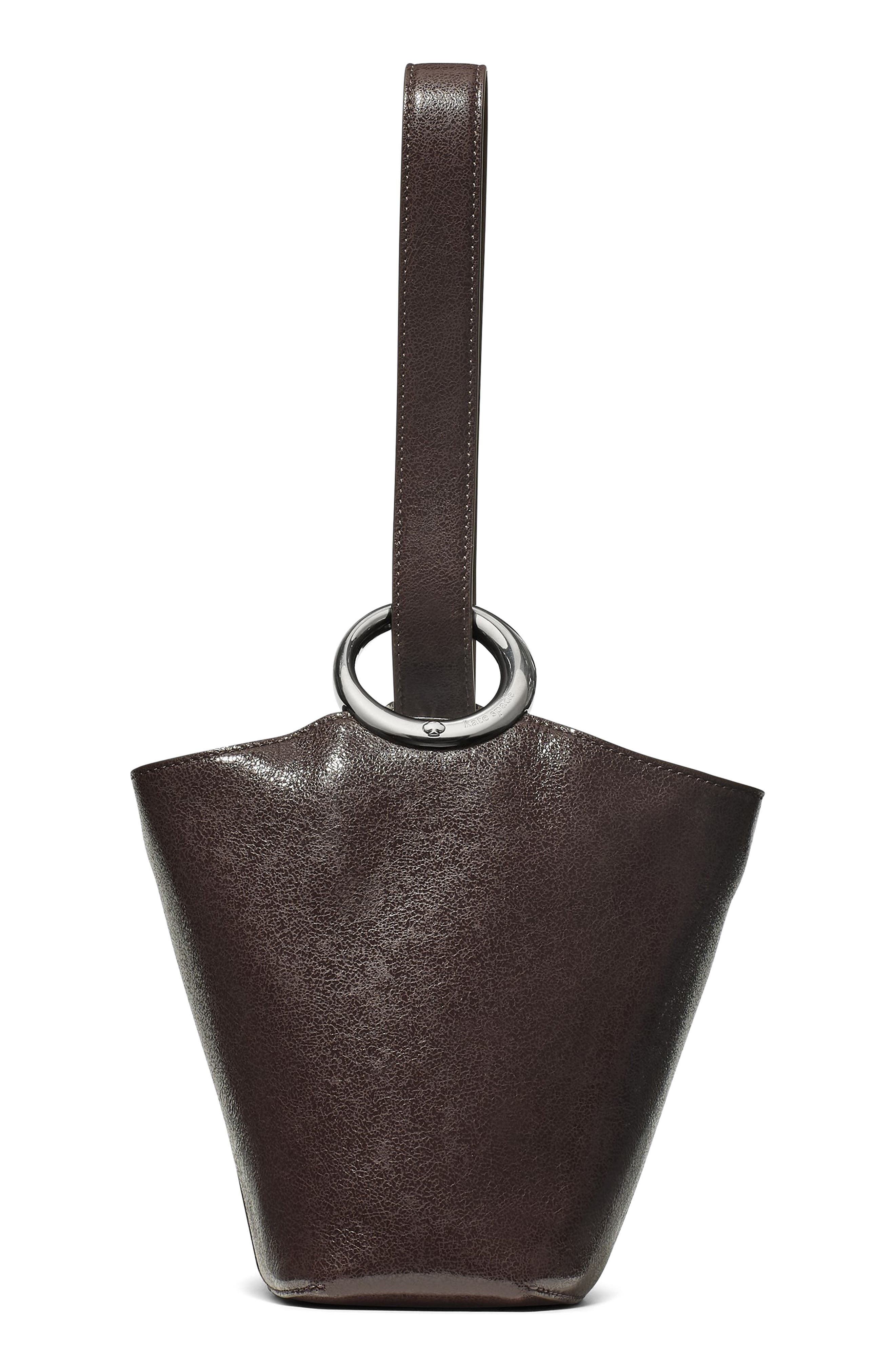 Kate Spade New York halo glazed leather mini bucket bag, Main, color, Hot Fudge