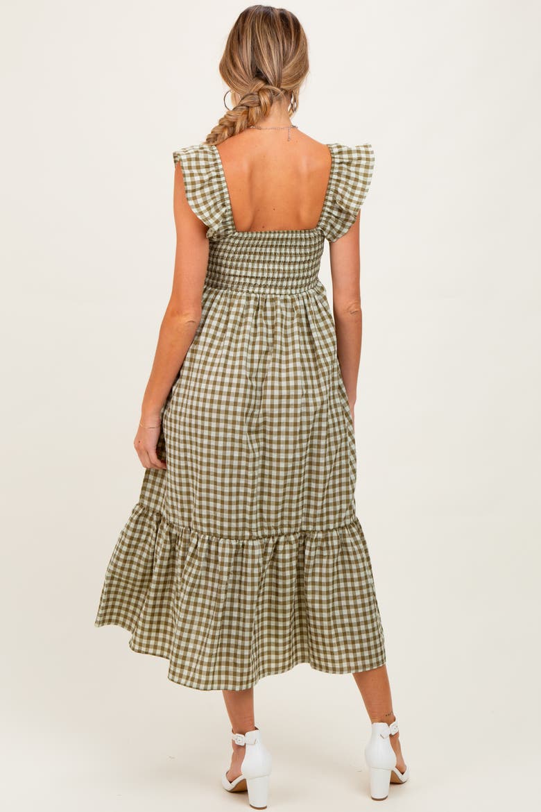 Gingham Ruffle Strap Midi Dress, Alternate, color, Olive Green