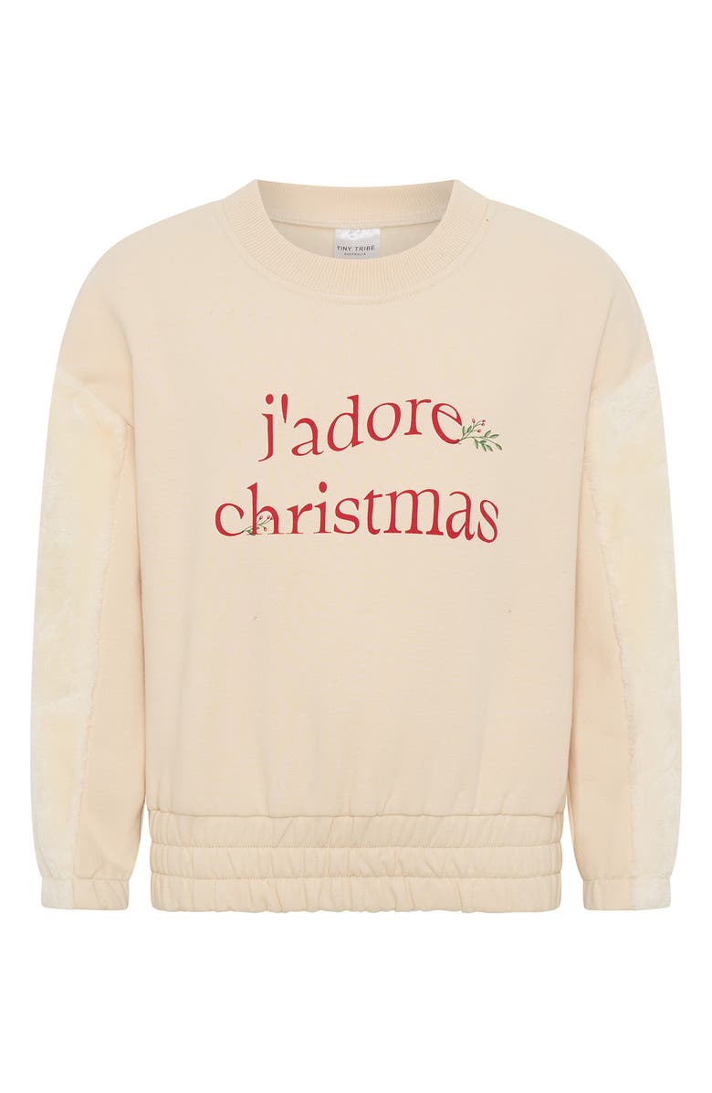 TINY TRIBE Kids' J'Adore Christmas Fleece Sleeve Crewneck Sweatshirt, Main, color, Cream