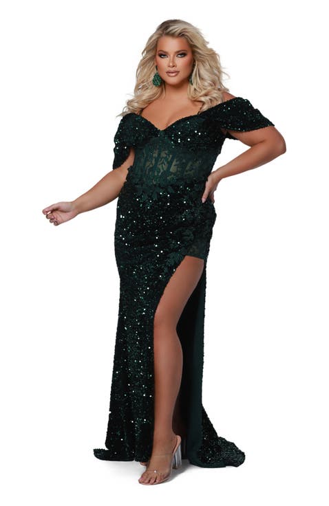 Stretch Sequin Velvet Off the Shoulder Plus Size Evening Gown