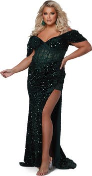 Johnathan Kayne for Sydney's Closet Stretch Sequin Velvet Off the Shoulder Plus Size Evening Gown