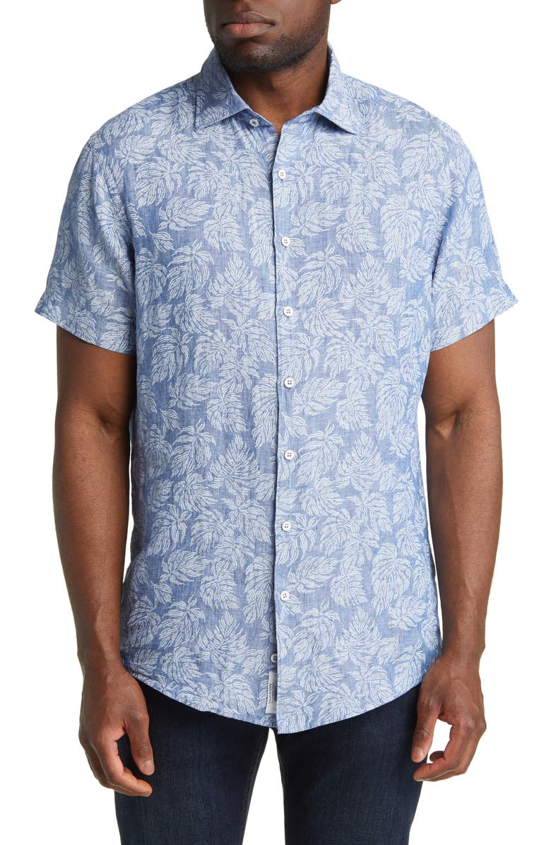 Rodd & Gunn Yelverton Sport Fit Frond Print Short Sleeve Linen Button-Up Shirt, Main, color, Stonewash