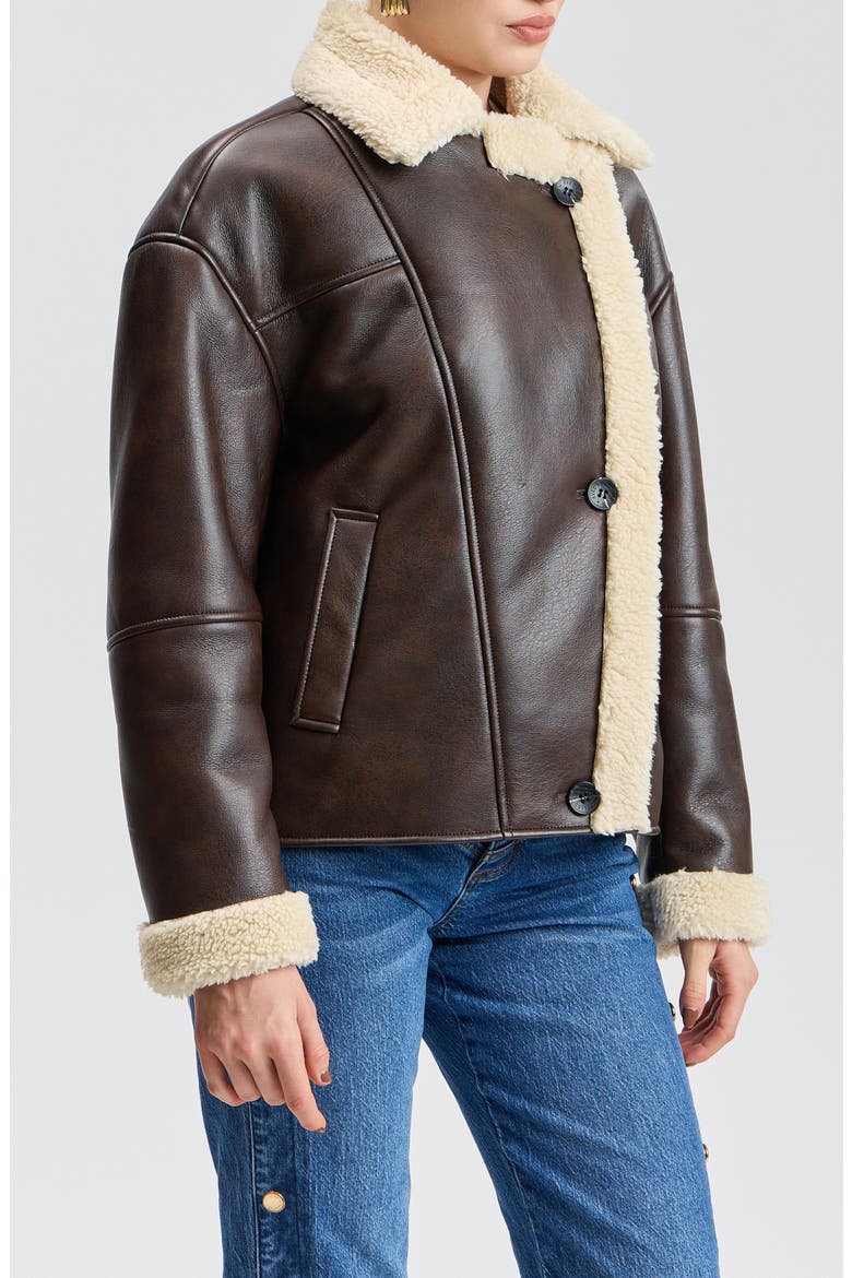 Faux Leather & Faux Shearling Notch Collar Jacket, Alternate, color, DARK CHESTNUT